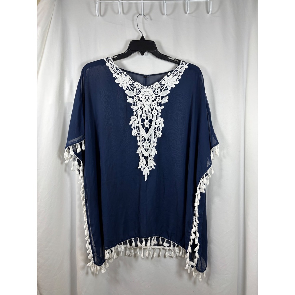 Navy Blue Sheer Kaftan Top White Crochet Lace Tassel Trim Plus Size 2XL Boho